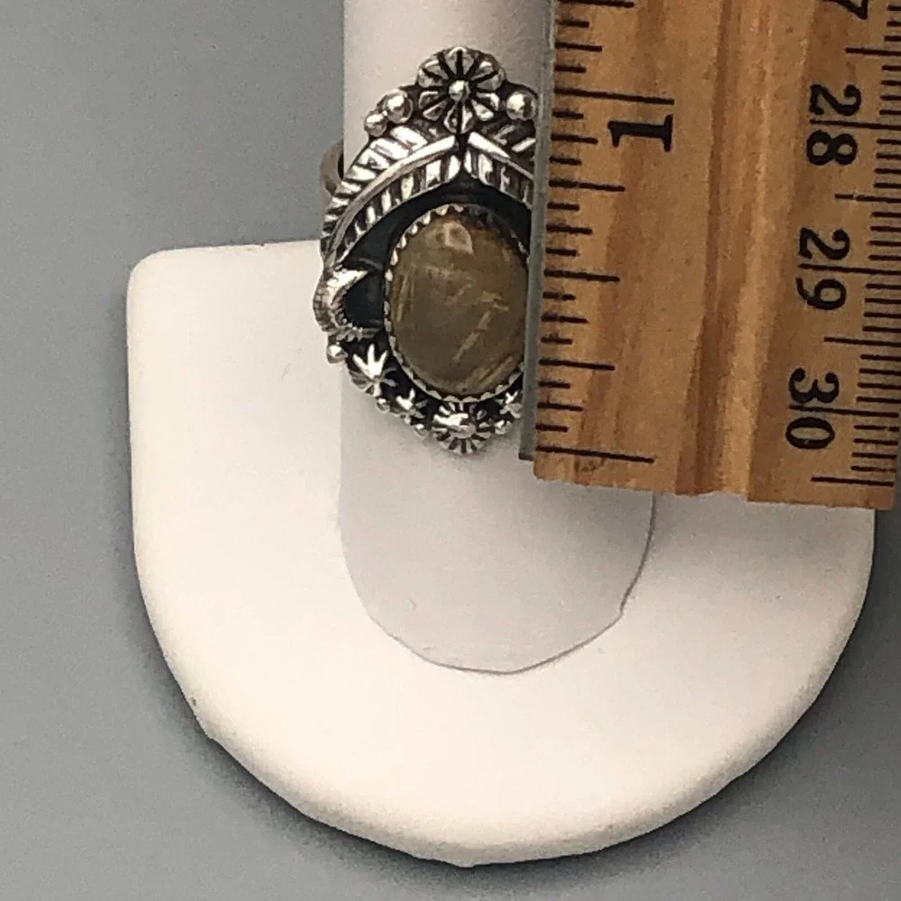 Navajo Handmade Rutilated Quartz Sterling Silver Ring Sz 8 Adjustable Flowers